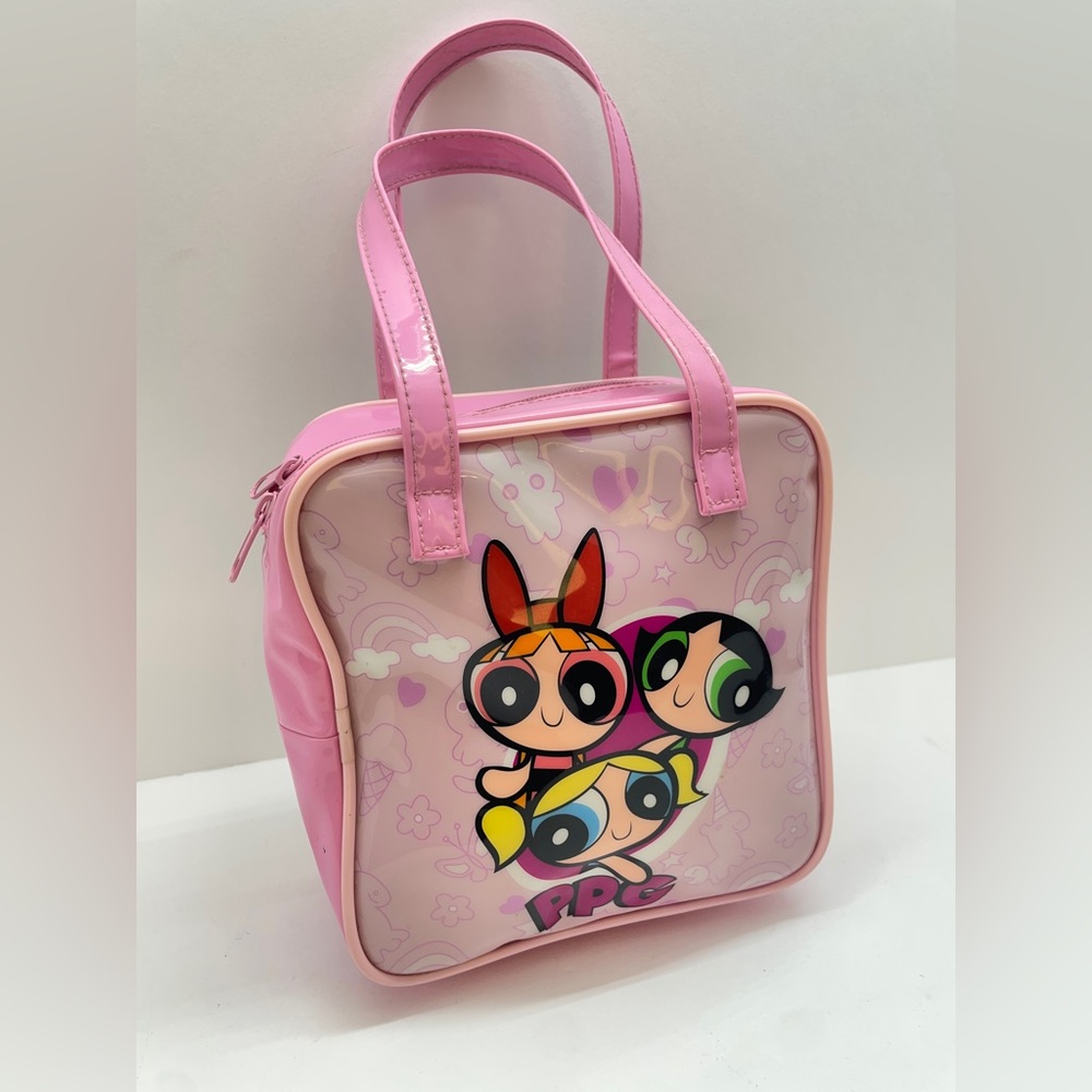 2002 Power Puff Girls Vinyl Bag Tote Makeup Bag Cartoon Network Full Zip Pink